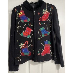 Christmas Sweater Vtg Designers Studio Sz Med Beaded Applique‎ Zip Cardigan Pull